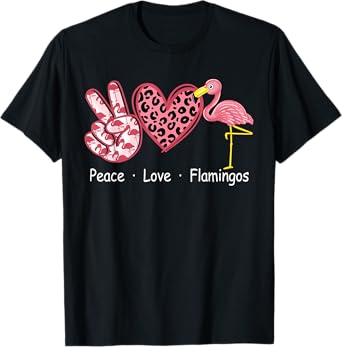 Peace Love Heart Pink Flamingos Cheetah Leopard Women Girl T-Shirt
