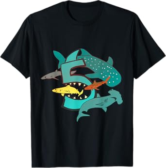 Shark 5th Birthday 5 Year Old Birthday Kids Boys Girls T-Shirt