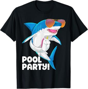 Pool Party Unicorn Float Summer Vacation Funny Shark Swim Men Women Girls Kids T-Shirt