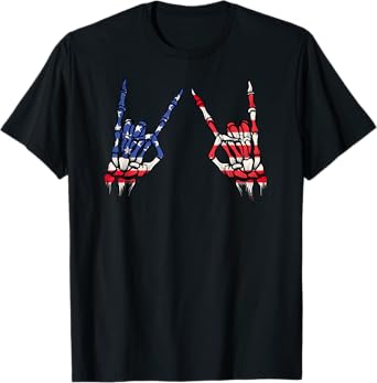Patriotic USA Flag Skeleton Rock On Devil Horns 4th of July T-Shirt