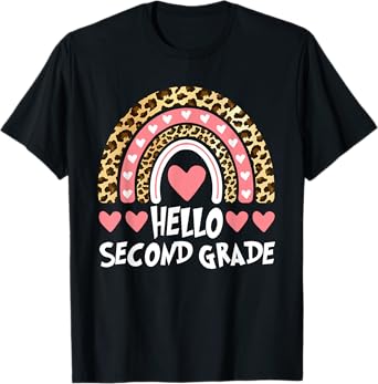 Hello 2nd Grade Leopard Rainbow Teachers Back to School T-Shirt for Men Women Girls Kids