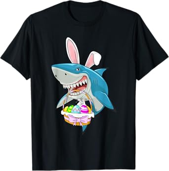 Shark Easter Bunny Egg Basket Funny Boys Girls Kids Easter T-Shirt
