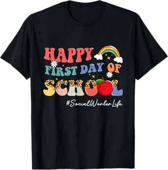 First Day Of School Social Worker Life Boho Leopard Rainbow T-Shirt