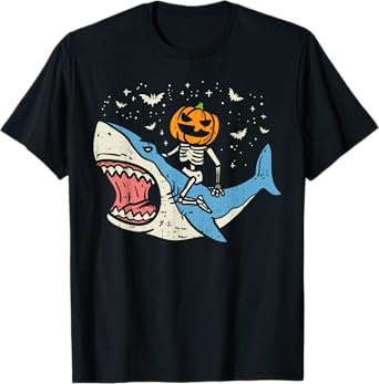 Pumpkin Skeleton Riding Shark Bats Halloween Costume Kids T-Shirt