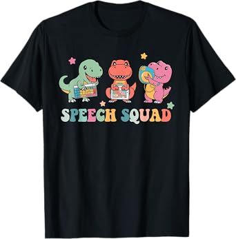 Speech Squad Cute Dinosaur Speech Therapy T-Shirt - Women's Black Short Sleeve Crew Neck T-Shirt - Size Small