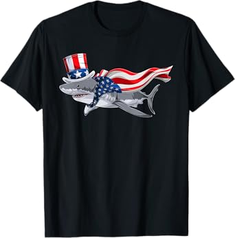 Shark Tshirts For Boys, Kids American Flag Fourth Of July T-Shirt