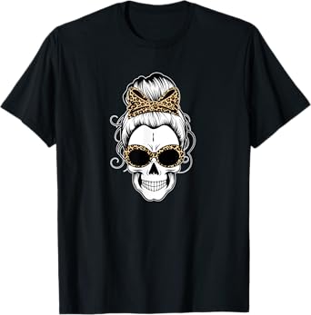 Messy Bun Skull Shirts for Women Leopard Print Bow Halloween T-Shirt