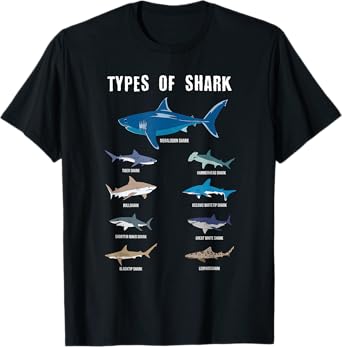 9 Types Of Sharks Educational Colorful Ocean Sea Marine Life T-Shirt