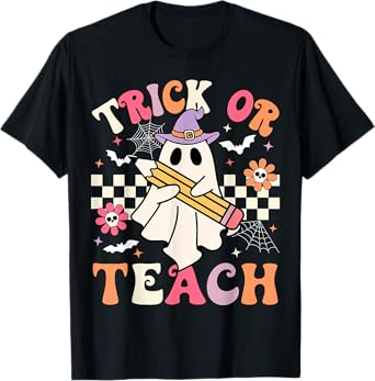 Trick Or Teach Groovy Teacher Halloween Retro Floral Ghost T-Shirt
