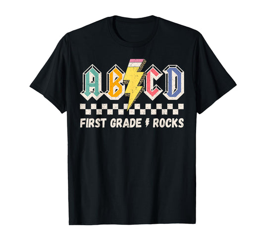 ABCD First Grade Rocks Pencil Lightning Teachers Rock Boys T-Shirt