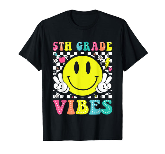 5th Grade Vibes Teacher Kids Retro Smile Face Back To School T-Shirt