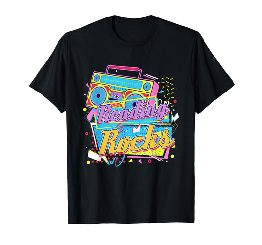 80's Reading Book Lover Reading Rocks T-Shirt - Black, Small, Unisex-Adults, Casual, Short Sleeve, Crew Neck, T-Shirt, Book Lover