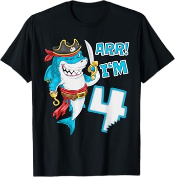 I'm 4 years Bday Shark pirate 4th Birthday boy pirate Party T-Shirt