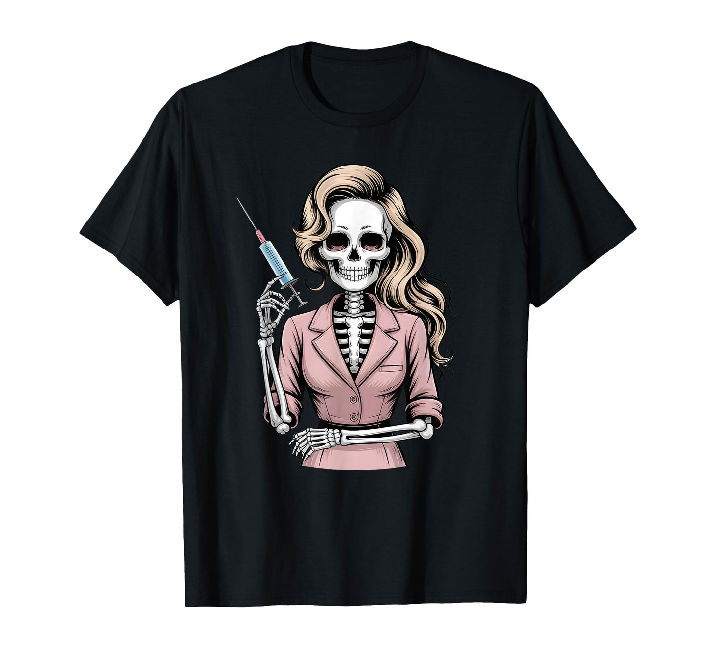 Halloween Gothic Skeleton Beautician Nurse with Syringe T-Shirt