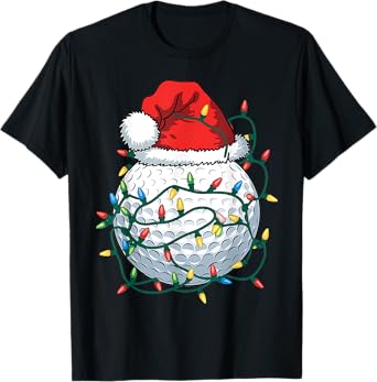 Golf Ball Santa Hat Men Womens Christmas Golfing Xmas Lights T-Shirt