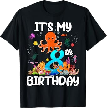 8 Year Old Ocean Life Whale Dolphin Octopus 8th Birthday T-Shirt