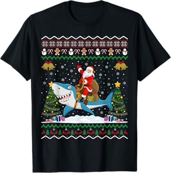 Shark Ugly Xmas Gift Santa Riding Shark Christmas T-Shirt