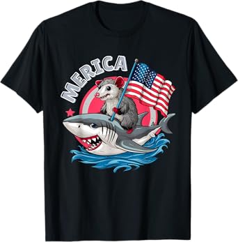 Funny Opossum Riding Shark American Flag USA 4th of July T-Shirt
