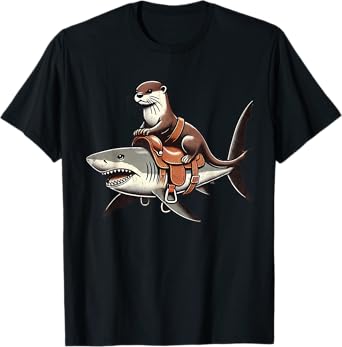 Vintage Funny Otter Art Retro Distressed Otter Riding Shark T-Shirt