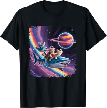 Rainbow Galaxy Cat Riding Shark in Space Sci-fi Space Planet T-Shirt for Men Women Kids