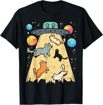 Alien Abduction Cats UFO Flying Saucer Space Women Girls Kid T-Shirt