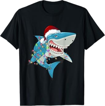 Shark Christmas Tree Lights Santa Hat Xmas Gifts Boys Kids T-Shirt