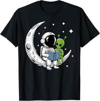 Astronaut Reading Book To Alien Moon Space Astronomy T-Shirt