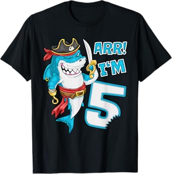 I'm 5 years Bday Shark pirate 5th Birthday boy pirate Party T-Shirt