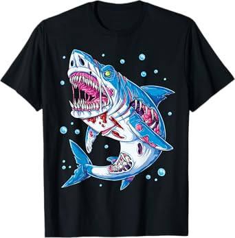 Shark Zombie Halloween Boys Men Skeleton Skull Rib Cage T-Shirt