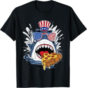 funny Shark Eating Pizza 4th of july shark glasses usa flag T-Shirt for Women Kids Men