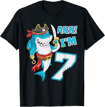 I'm 7 years Bday Shark pirate 7th Birthday boy pirate Party T-Shirt