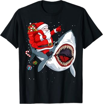 Santa Riding Shark Christmas Pajama Cute Ocean Animal X-Mas T-Shirt