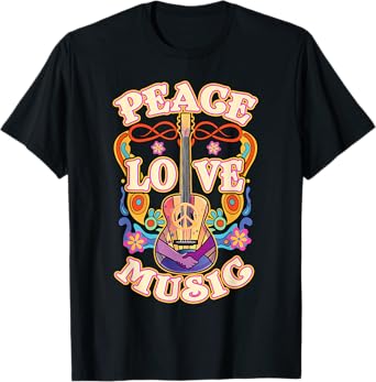 Retro Hippie Guitar Peace Love Music T-Shirt