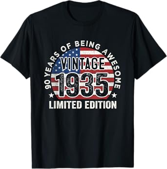 90th Birthday Gifts Men Vintage 1935 90 Years Old USA Flag T-Shirt