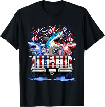 Three Cute Sharks On Truck 4th Of July US Flag Fisher T-Shirt