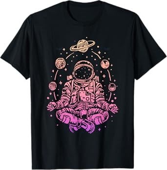 Meditating Astronaut Planets Colorful Lotus Women Meditation T-Shirt