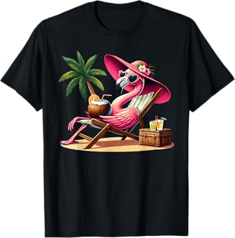 Pink Flamingo Summer Vibes Beach Palm Tree Summer Vacation T-Shirt