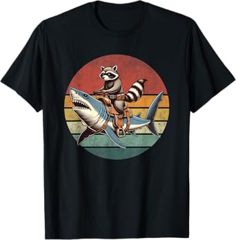 Vintage Raccoon Shark Rider Funny Retro Raccoon Riding Shark T-Shirt