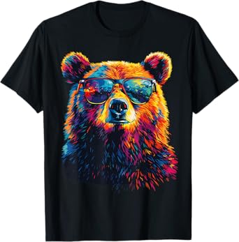Bear Wearing Sunglasses Wildlife Graphic Colorful Bear T-Shirt