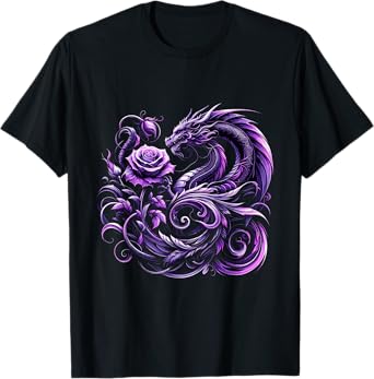 Purple Dragon and Purple Rose Fantasy T-Shirt