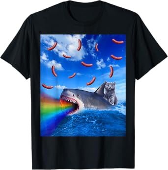 Cat Riding Rainbow Breathing Shark With Hot Dogs T-Shirt