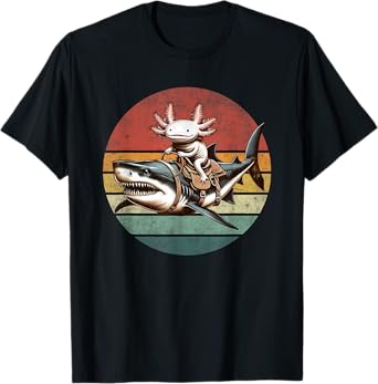 Vintage Axolotl Shark Rider Funny Retro Axolotl Riding Shark T-Shirt