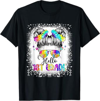 Hello 1st Grade Messy Hair Bun Girl Back To School First Day T-Shirt