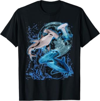 Vintage Three Hammerhead Shark Howling Moon Marine Biologist T-Shirt