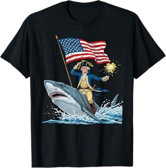 George Washington Riding Shark Funny July 4th American Flag T-Shirt