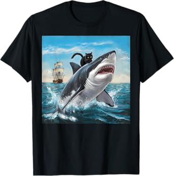 Cat Ridding On Shark Humorous Playful Men Women Funny Summer T-Shirt