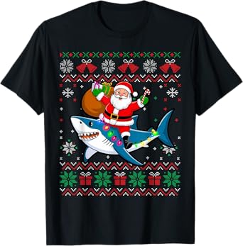 Funny Ugly Christmas Santa Riding Shark Holiday Gifts T-Shirt