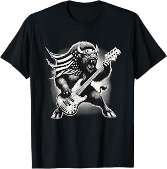 Rock American Bison Playing Guitar Rock and Roll Buffalo T-Shirt