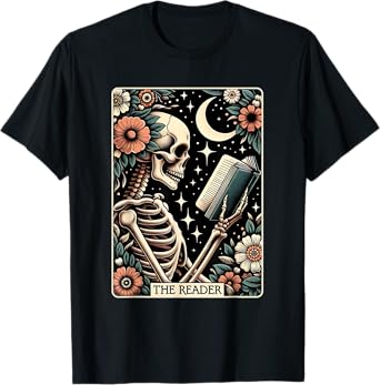 The Reader Tarot Card Skeleton Reading Book Bookworm Bookish T-Shirt