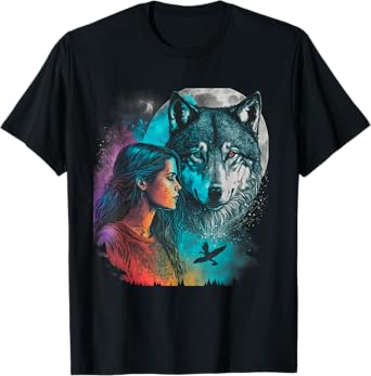 Ethnic Tribal Wolf Boho Feather Native American Hippie Women T-Shirt